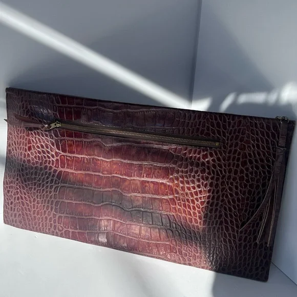 Vintage J.E Fournier Montreal Croc Embossed Leather Clutch Brown Envelope Bag - Picture 2 of 4